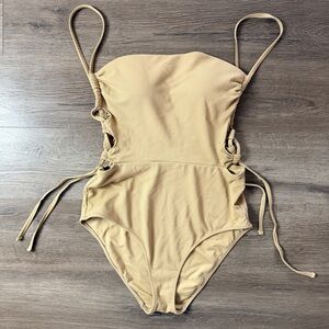 NWOT 💛 Aerie Tan Textured Pique Lace Up Bandeau One Piece Swimsuit
